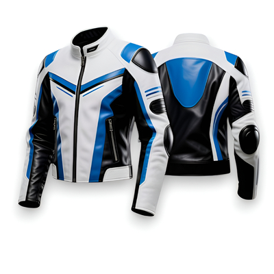 Crafted Leather Design Blue White Black Leather Biker Fashion Jacket Motorcycle
