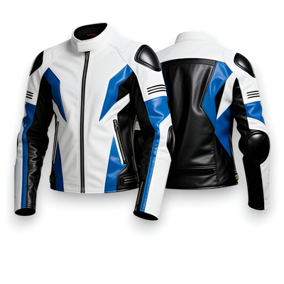 Crafted leather design blue white black leather biker fashion jacket motorcycle