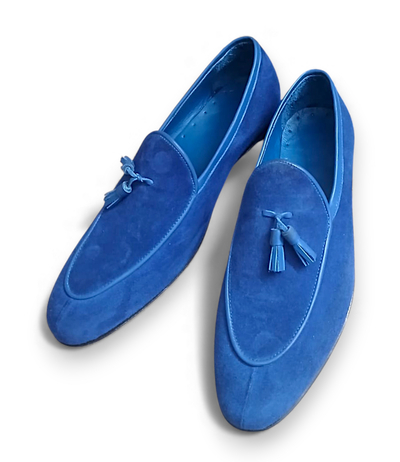 Crafted Leather Mens Designer Blue Suede Tassel Loafers Dress Shoes