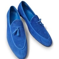 Crafted Leather Mens Designer Blue Suede Tassel Loafers Dress Shoes - Thumbnail 1
