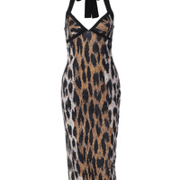 Sexy leopard print fitted hot girl style sleeveless halter neck slit dress - Thumbnail 3