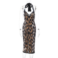 Sexy leopard print fitted hot girl style sleeveless halter neck slit dress - Thumbnail 4