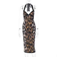 Sexy leopard print fitted hot girl style sleeveless halter neck slit dress - Thumbnail 5