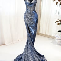 Blue Glitter Mermaid Prom Dress with Slit  - Thumbnail 2