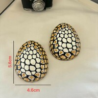 Polka Dot Egg Shape Statement Enamel Earrings for Women, Gold and White, Oversized Teardrop Design, Elegant Sophistication - Thumbnail 2