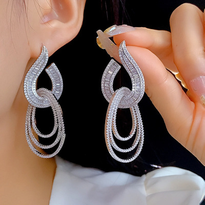 Luxury geometric zircon drop earrings for women, sparkly bridal statement earrings with s925 sterling silver needle - Thumbnail 1