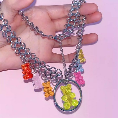 Rainbow teddy bear chain choker