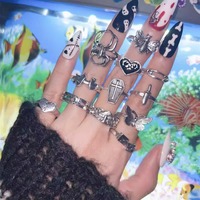 12pcs Y2K Heart Dagger Rings Set - Thumbnail 1