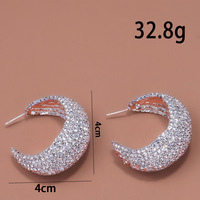 Pave Crystal Hoop Earrings Cubic Zirconia Studded Statement Hoops Chunky C-Shape Design - Thumbnail 2
