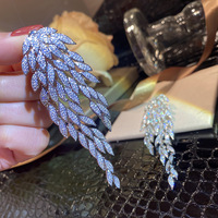 Crystal Tassel Leaf Feather Dangle Earrings for Women, Statement Drop Earrings with Zircon and Copper - Thumbnail 1