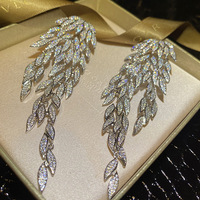 Crystal Tassel Leaf Feather Dangle Earrings for Women, Statement Drop Earrings with Zircon and Copper - Thumbnail 2