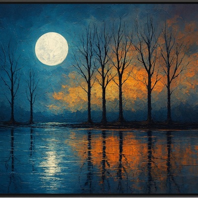 Moonlit reflections - bare trees over fiery horizon