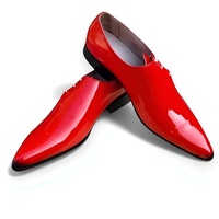Crafted Leather Mens Designer Luxury Red Patent Leather Pointed Toe Side Laces Dress Shoes - Thumbnail 2