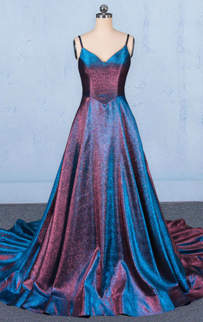 Spaghetti Straps A Line V-neck Sequin Prom Dress Long Evening Dress