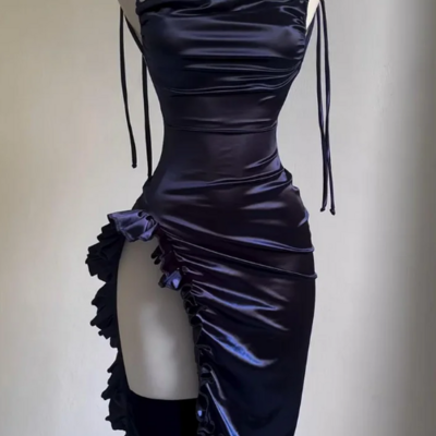 Sexy navy blue backless prom dress with ruffled trimmed slit evening dresses - Thumbnail 1