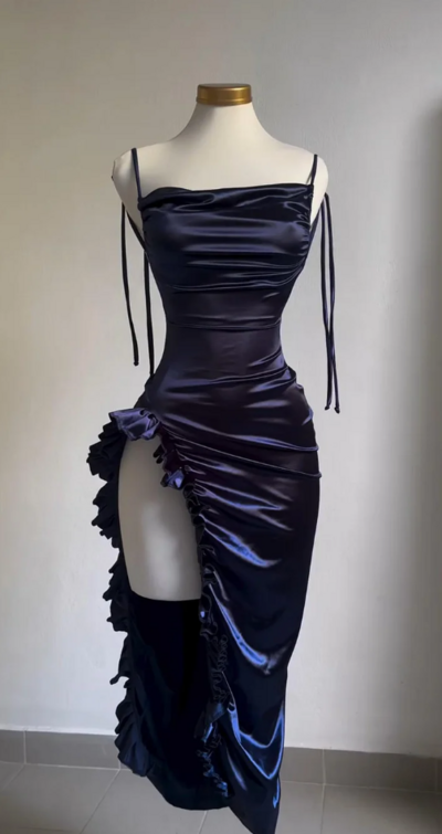 Sexy Navy Blue Backless Prom Dress With Ruffled Trimmed Slit Evening Dresses