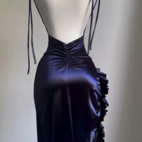 Sexy Navy Blue Backless Prom Dress With Ruffled Trimmed Slit Evening Dresses - Thumbnail 1