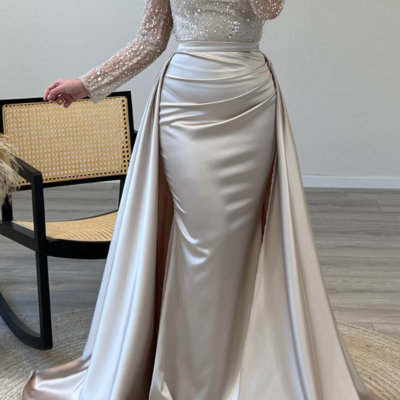 Sparkly round neck sequined long sleeves satin prom dresses - Thumbnail 1