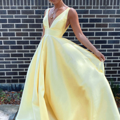 Yellow a-line v-neck sleeveless satin prom dresses - Thumbnail 1