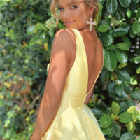 Yellow A-Line V-Neck Sleeveless Satin Prom Dresses - Thumbnail 2