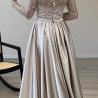 Sparkly Round Neck Sequined Long Sleeves Satin Prom Dresses - Thumbnail 1