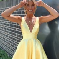 Yellow A-Line V-Neck Sleeveless Satin Prom Dresses - Thumbnail 1