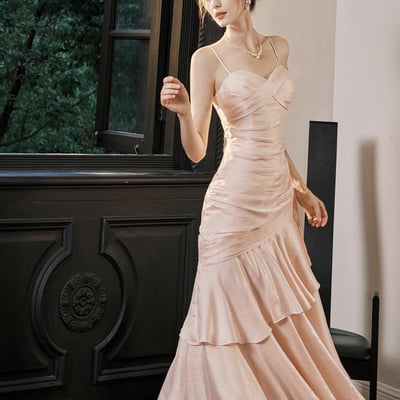Pink satin mermaid evening gown - spaghetti strap ruched formal prom dress