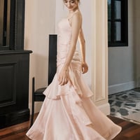 Pink Satin Mermaid Evening Gown - Spaghetti Strap Ruched Formal Prom Dress - Thumbnail 3