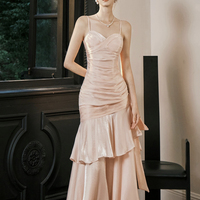 Pink Satin Mermaid Evening Gown - Spaghetti Strap Ruched Formal Prom Dress - Thumbnail 4