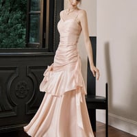 Pink Satin Mermaid Evening Gown - Spaghetti Strap Ruched Formal Prom Dress - Thumbnail 6