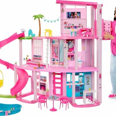 Barbi dreamhouse, pool party doll house with 75+ pieces and 3-story slide