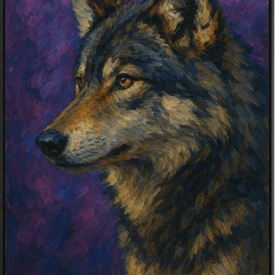 Majestic wolf in twilight realistic wildlife portrait painting