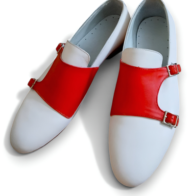Crafted leather mens designer red white leather monk strap dress shoes