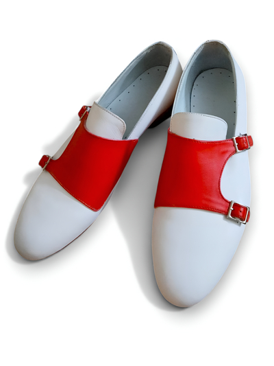 Crafted Leather Mens Designer Red White Leather Monk Strap Dress Shoes