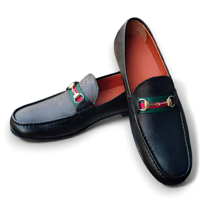  Crafted Leather Mens Designer Black Leather Red Green Moccasin Strap Loafers Dress Shoes