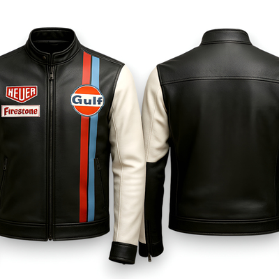 Crafted leather design black white leather biker fashion jacket motorcycle