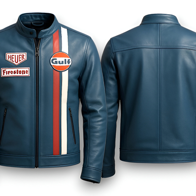 Crafted leather design blue leather biker fashion jacket motorcycle