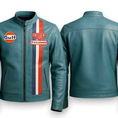 Crafted leather design cyan leather biker fashion jacket motorcycle