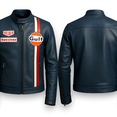 Crafted leather design blue leather biker fashion jacket motorcycle