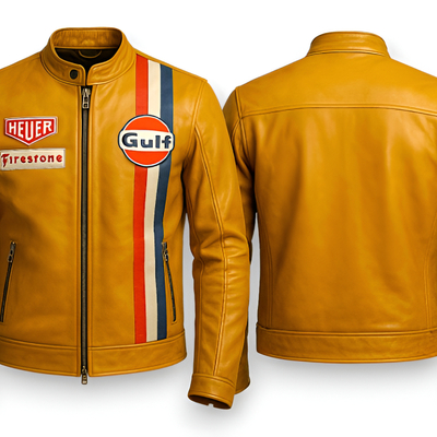 Crafted leather design yellow leather biker fashion jacket motorcycle