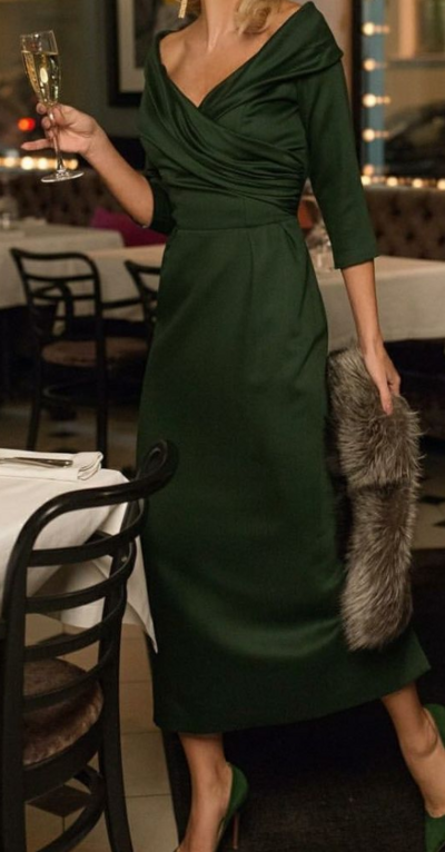 Sheath Emread Green Stain Tea-length Mother of Bride and Groom Dress Party Dress