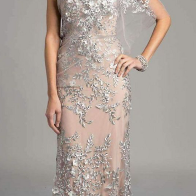 Mermaid silver appliques champagne mother of bride dress long prom dress