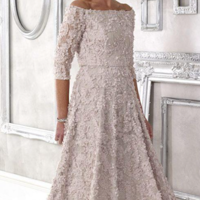 Off shoulder tea-length lace blush pink mother of bride and groom dress evening dress