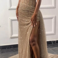 Strapless Champion Sequin Long Mother Of Bridal Dress Prom Dress Slit  - Thumbnail 2