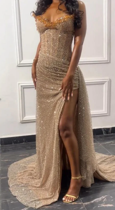 Strapless Champion Sequin Long Mother Of Bridal Dress Prom Dress Slit 