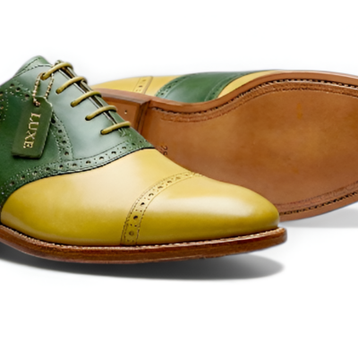 Crafted leather mens designer green yellow leather saddle golf dress shoes