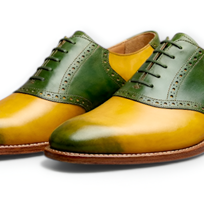 Crafted leather mens designer green yellow leather saddle golf dress shoes