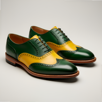 Crafted Leather Mens Designer Green Yellow Leather Saddle Golf Dress Shoes