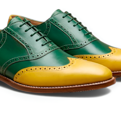 Crafted leather mens designer green yellow leather saddle golf dress shoes