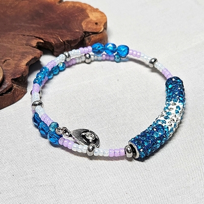Czech glass & pave stone stainless steel memory wire bracelet